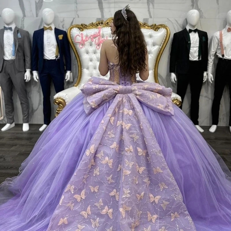 Luxury Lavender Shiny Quinceanera Dresses 2025 Ball Gown Bow Beads Crystal Sweet 16 Dresses Lace-Up Birthday Party Dresses