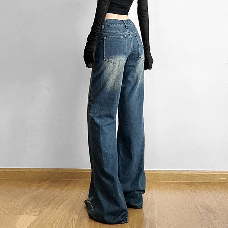 American Retro Womens Embroidered Star Street Y2K Jeans Wide Leg Loose Stripe All-match Mopping Pants Fashion Street Clothing 240626