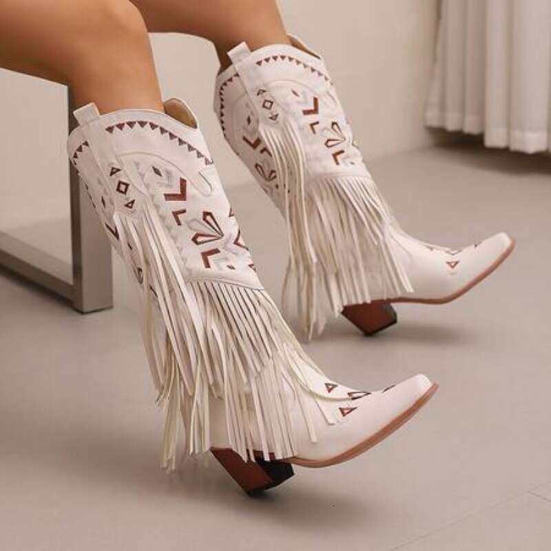 2024 European And American Fashion Thick Heel Tassel Sleeve Women's Western Embroidered Denim Knee Length Boots