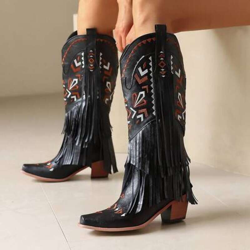 2024 European And American Fashion Thick Heel Tassel Sleeve Women's Western Embroidered Denim Knee Length Boots