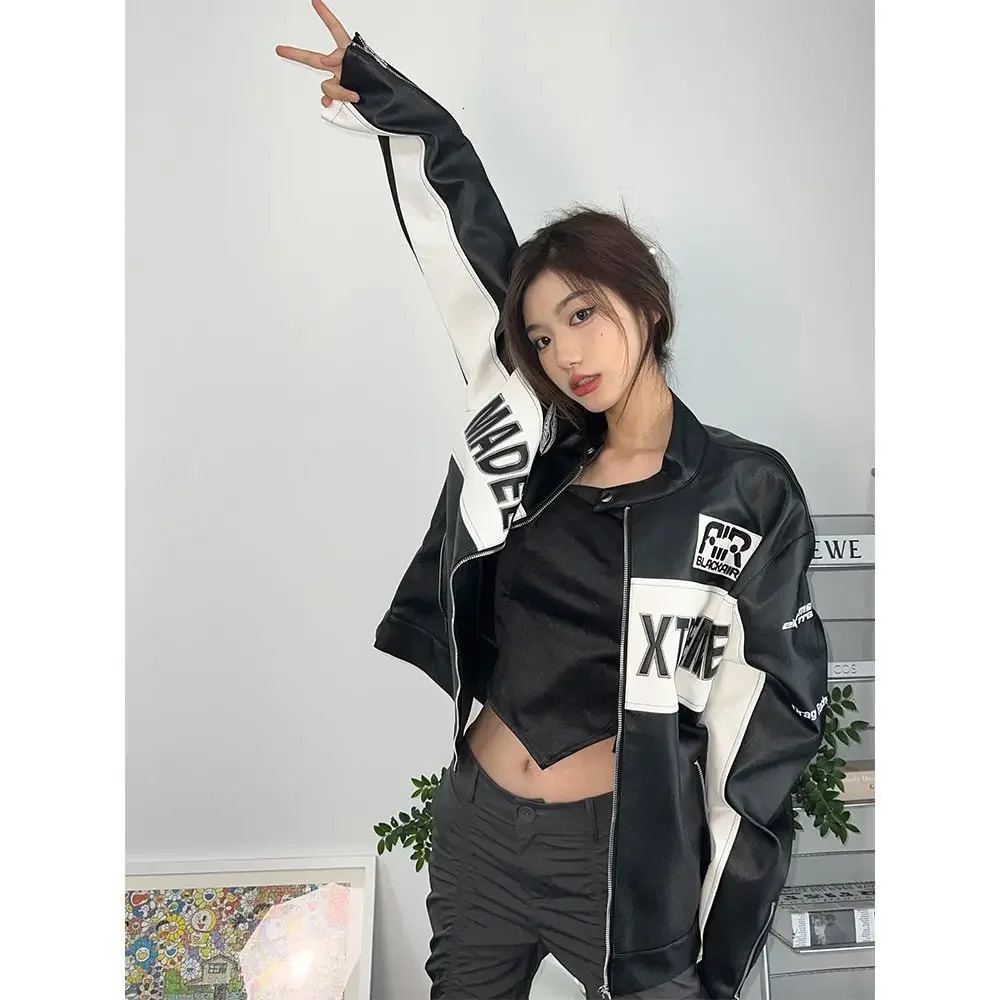 High Street Vintage Motorcycle Jacket Men Women Hip Hop Loose Patchwork Letter Print Racing Jackets Unisex PU Leather Coats 240704