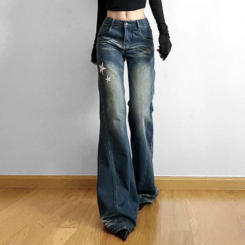 American Retro Womens Embroidered Star Street Y2K Jeans Wide Leg Loose Stripe All-match Mopping Pants Fashion Street Clothing 240626