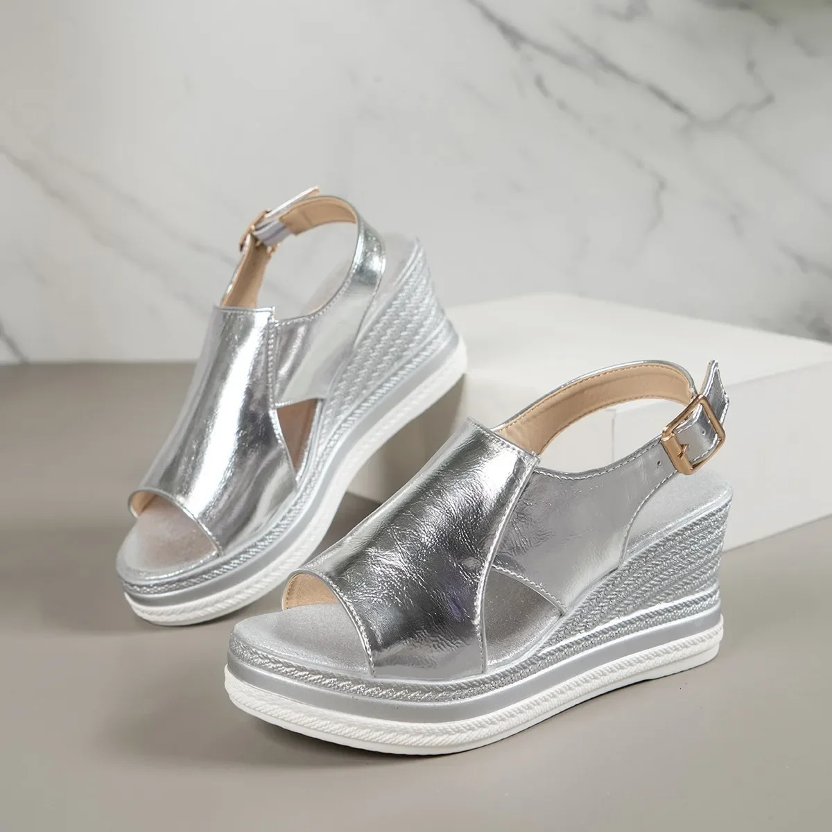 Gold Silver PU Leather Wedge Sandals for Women Summer Peep Toe Platform Sandles Woman Plus Size Thick Sole Sandalias Mujer 240708