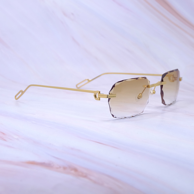 Diamond Cut Sunglasses Rimless Double Wave Stylish Vintage Carter Sun Glasses Retro Mens Decoration Designer Shades Eyewear 1130 Gold Frame