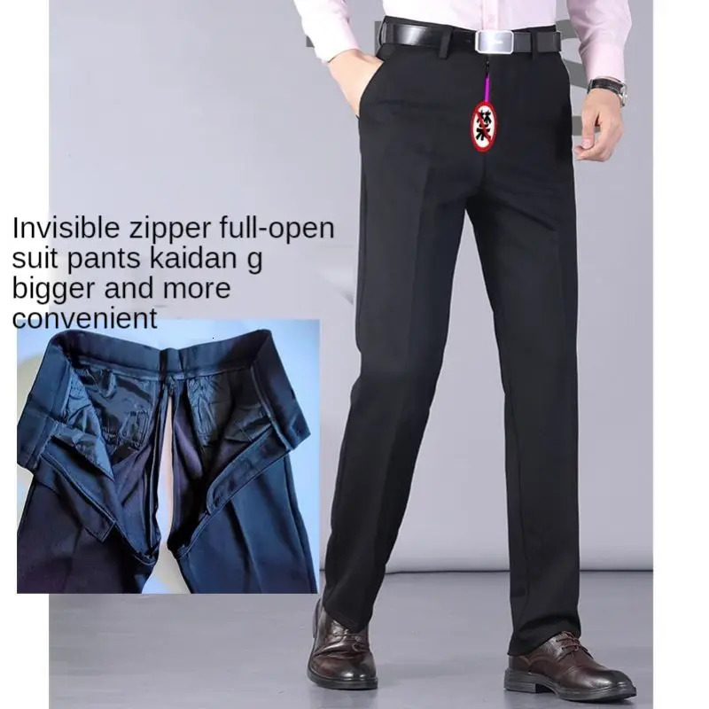 Outdoor Sex Mens Invisible Zipper Full Open Crotch Pants No Take Off Suit Pants Formal Business Office Trousers Male Pants 240708