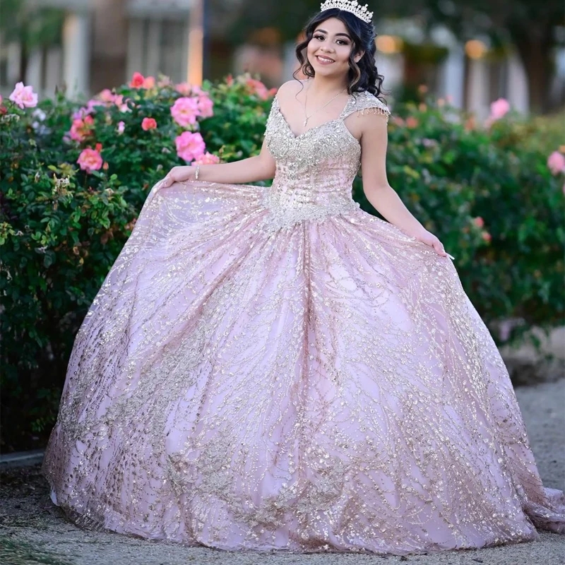 Blush Pink Quinceanera Dresses Beading Ball Gown For Sweet 16 Dress Bow Sequined Graduation Party Princess Gowns Vestido De 15