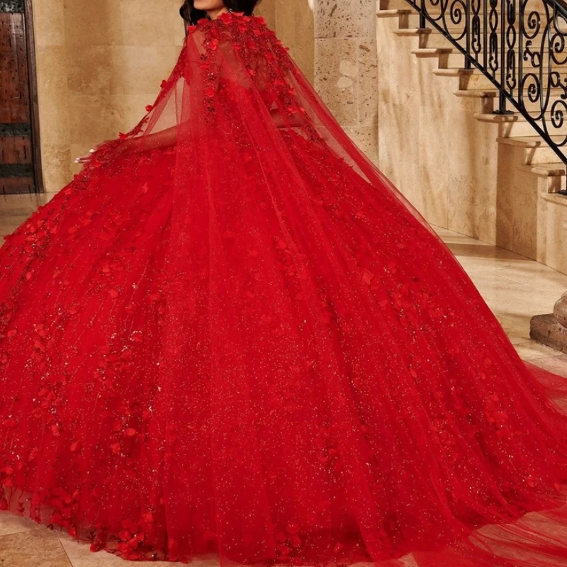 Red Princess Ball Gown Quinceanera Dresses Off Shoulder With Cape 3D Flower Corset Sweet 16 Dress Pageant Gowns vestido de 15