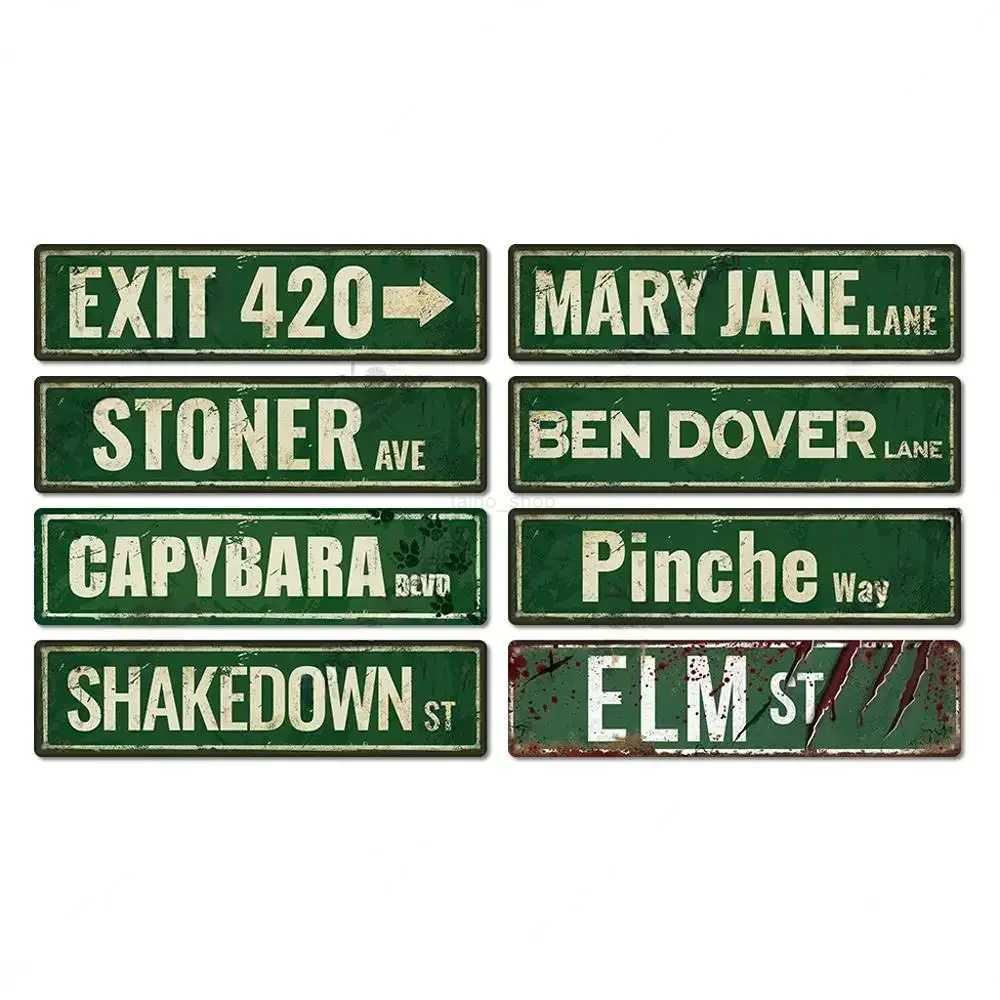 FJ Posters Elm Street 420 Stoner Metal Signs Iron Aluminium Accessories Plaque Metal Wall Art for Horror Movie Grunge Room DecorB240710