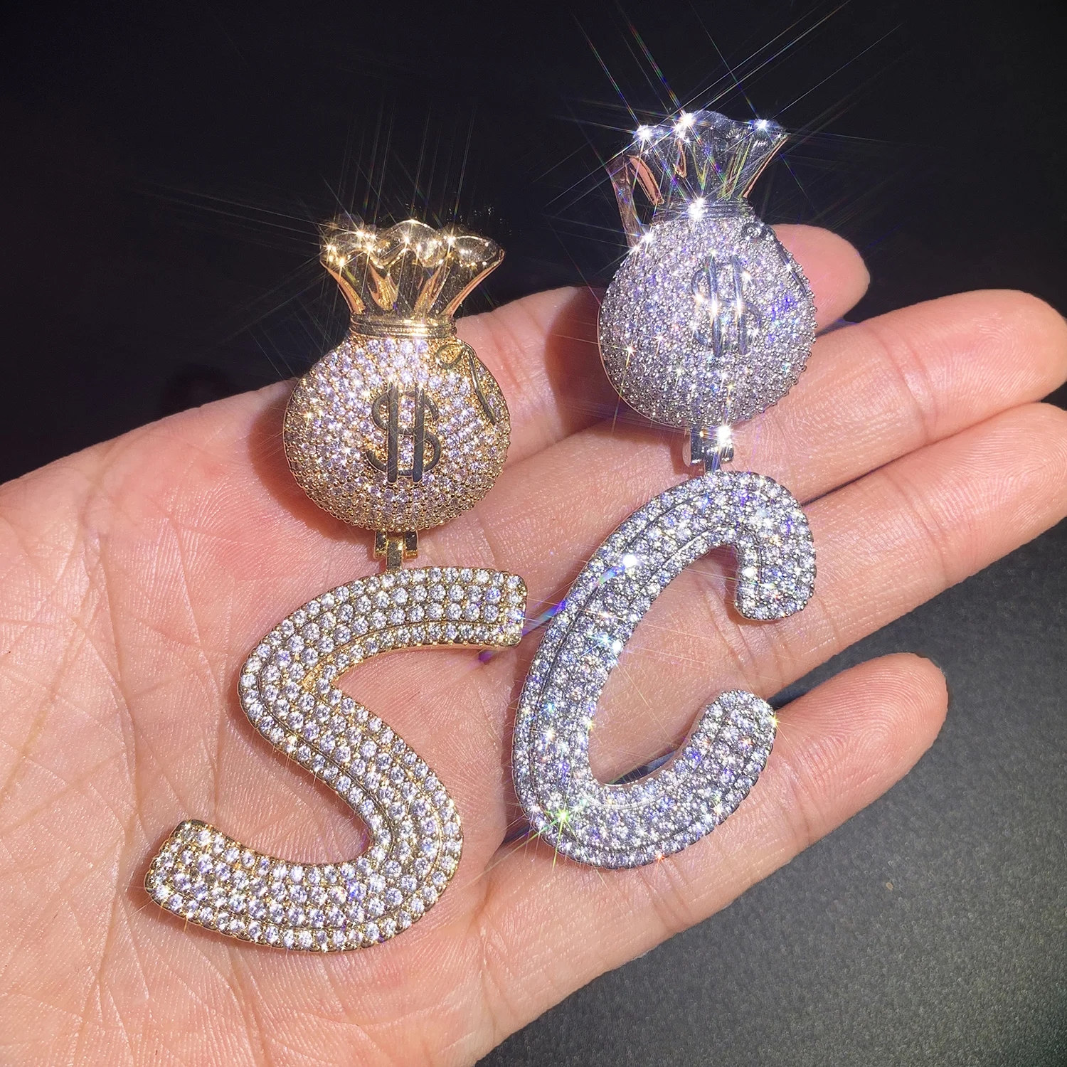 Dollar Bag Bail Initial Letters Pendant Iced Out Cubic Zirconia Gold Silver Color Necklace Chain Men Women Hip Hop Jewelry