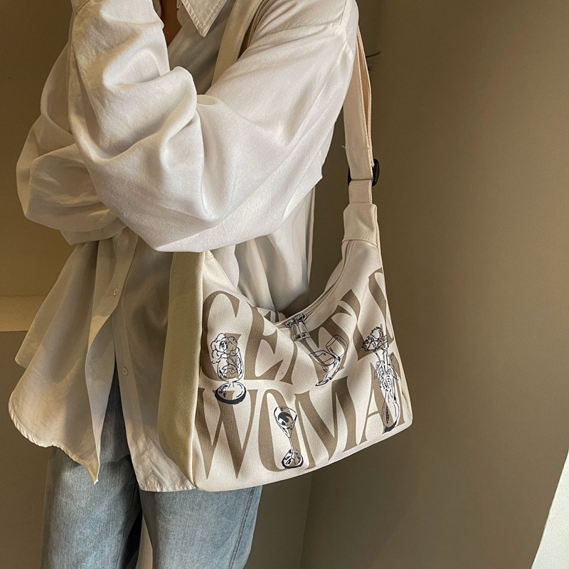 2024 Spring New Letter Printed Canvas Shoulder Bag Women's Colored Crossbody Bag Large Capacity Commuter Bag Fashion Cloth Bag H7.10#23.98