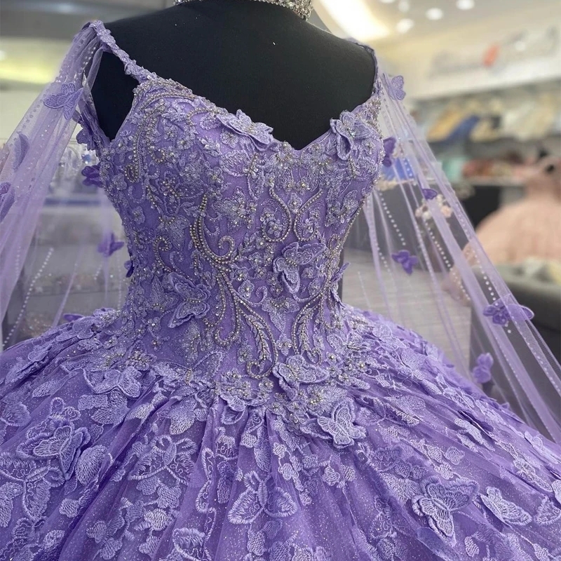 Lavender Formal Butterfly Ball Gown Quinceanera Dresses For Sweet Girl Sequin Beading Appliques Tull Party Vestidos De 15 Anos