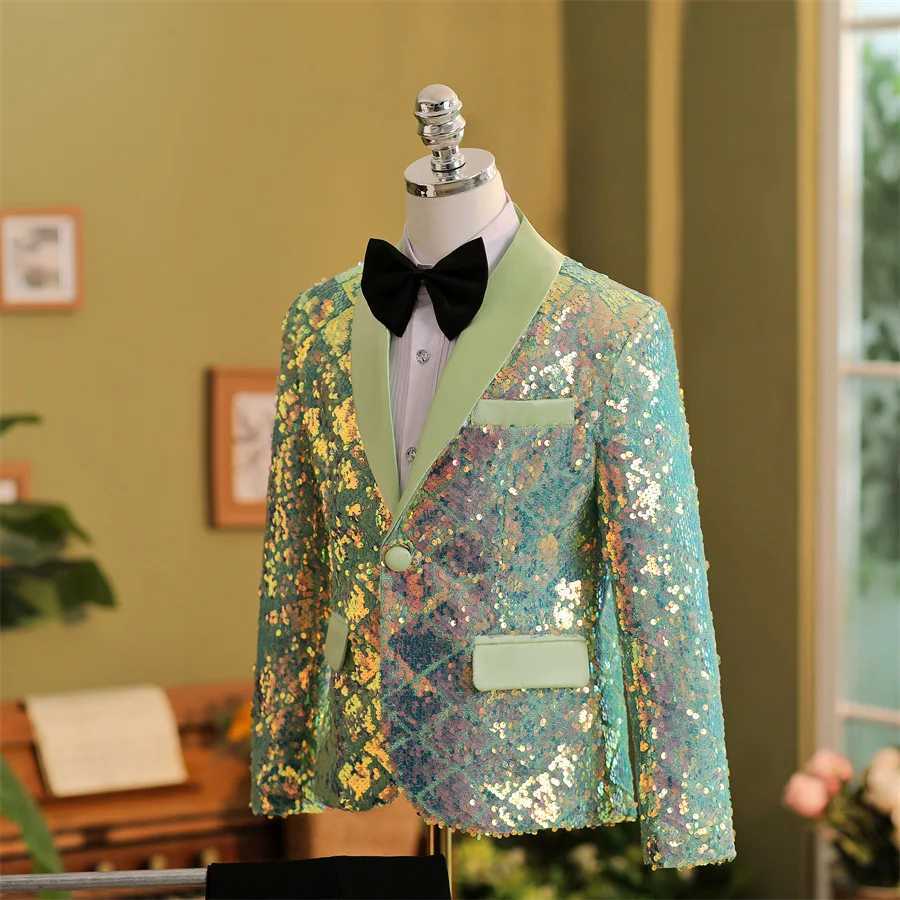 Suits Boys High End Formal Sequins Suit Childrens Korean Host Dress Catwalk Party Photogray Costume Kids Green Jackets