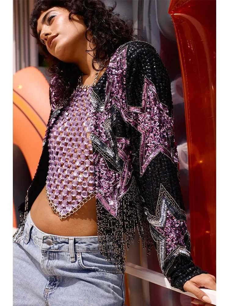 Women's Jackets 2024 Spring Womens Coat with Tassel Star Pattern Jacket Fur Edge Long Sleeve Open Front Punk Gothic Cut Coat J240708