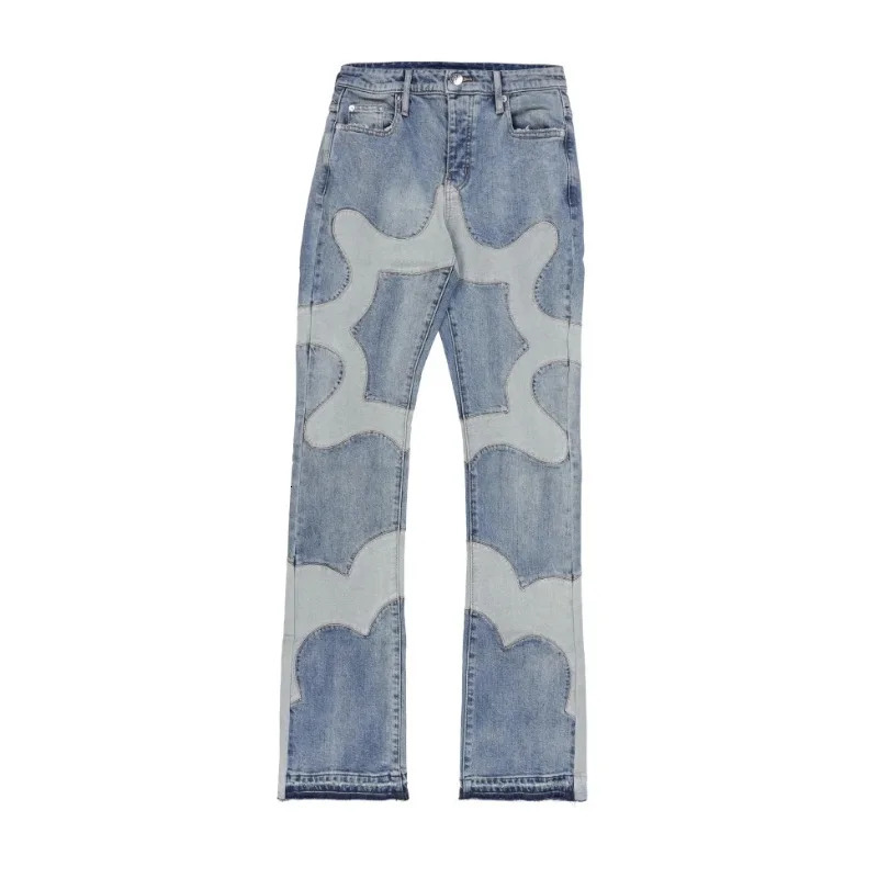 American Fashion High Street Patchwork Pattern Embroidered Jeans Men Y2K Punk Harajuku Straight Leg Jeans Denim Flare Pants 240708