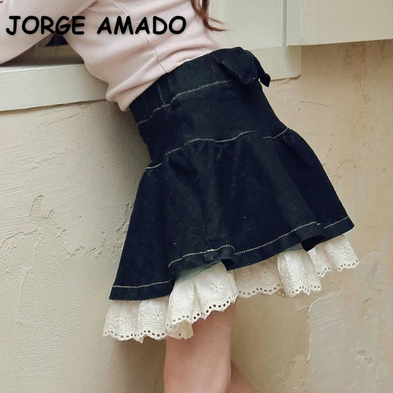 Korean Style Spring Autumn Kids Girl Skirt Lace Denim Patchwork Hollow Out High Waist Short Skirts Children Clothing H030 240703