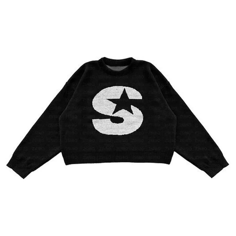 Streetwear Gothic Sweater Mens Knitted Sweaters Y2K Womens Pullover Top Vintage Punk Kpop Clothing Winter Warm Knitwear 240701