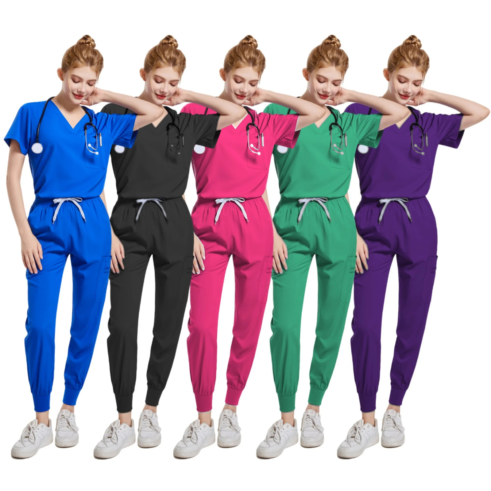 Spa Uniforms Women Scrubs Jogger Set Uniforms Scrub Top Pants Lab Coat Nurse Uniform Blouse e Femme Work Wears 240704