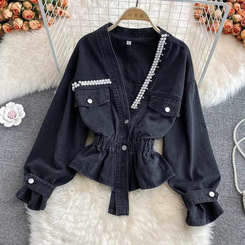 Women's Jackets Vintage Pearl Black Denim Coat Womens Autumn Elastic Waist V-neck Long sleeved Korean Irregular Hem Shorts jacket J240708