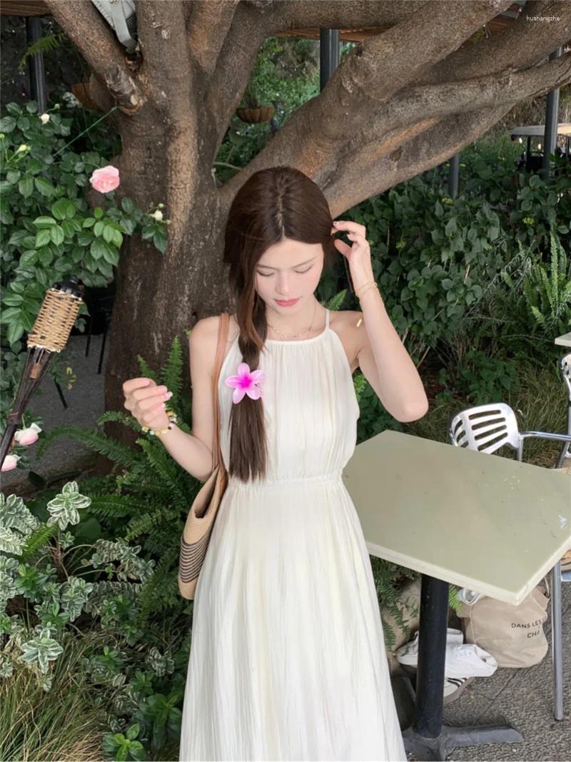 Casual Dresses 2024 Summer Fashion Sexy Halter Slip Off Shoulder Solid Color Evening Dress Elegant High Waist Women Clothing
