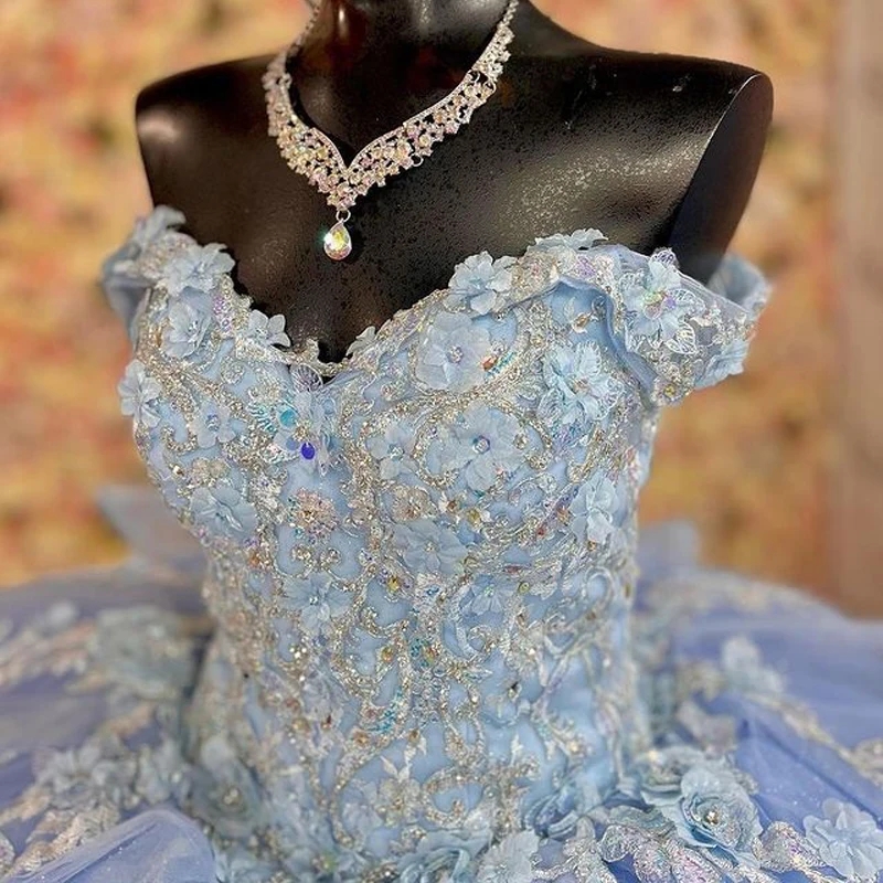 Sky Blue Vestidos De Anos Quinceanera Dresses Glitter Tulle Appliqued Lace Beading Sweet 16 Princess Birthday Party Gowns