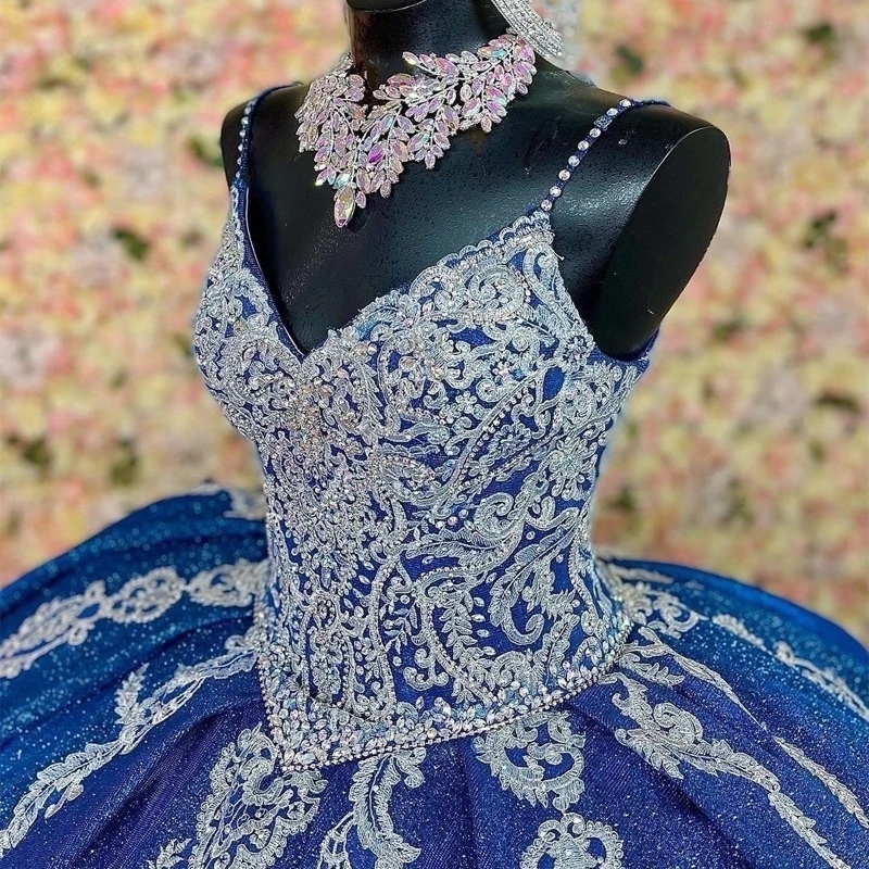 Blue V-Neck Princess Quinceanera Dresses 2025 Floral Applique Gillter Sequins Lace-up Corset Prom Sweety 15 xvideo 16 anos