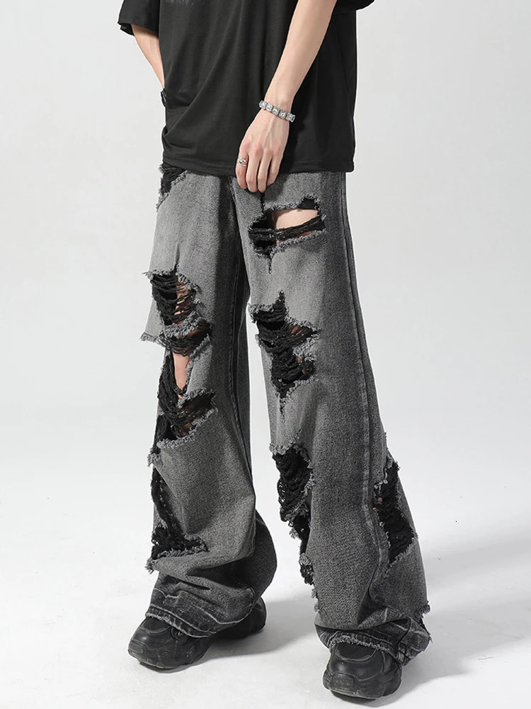 Vintage Y2K Ripped Jeans Men Streetwear Spring Summer Fashion Loose Straight Denim Pants Mens Trendy Hollow Out Wide Leg Jeans 240704