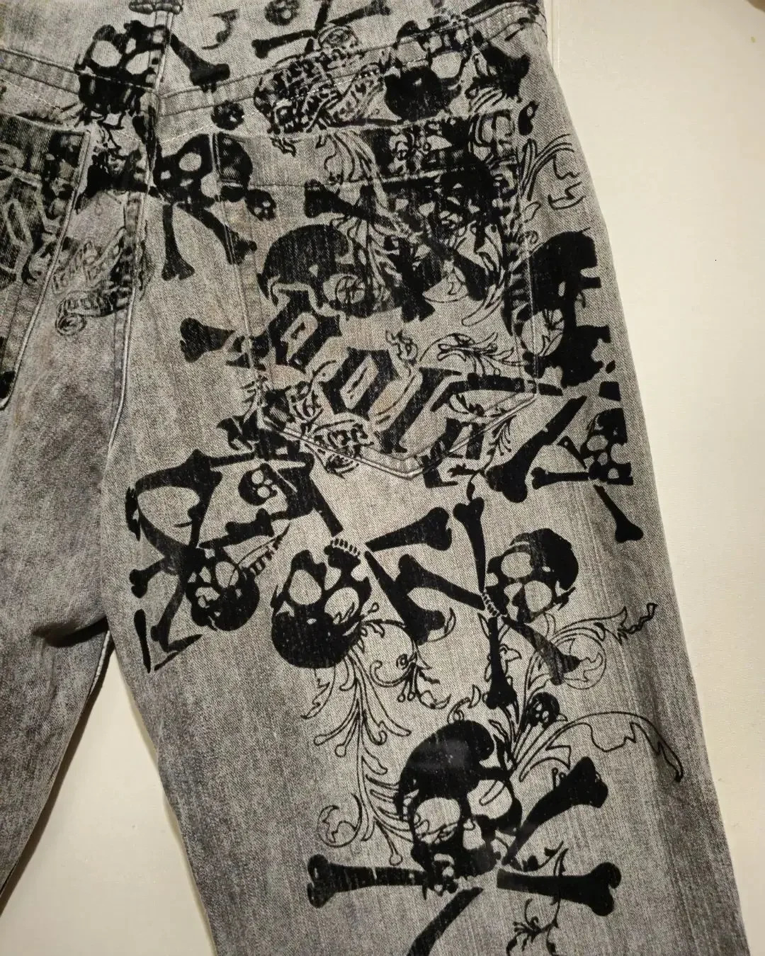 American Harajuku retro skull print straight high waist Y2K womens washed grey jeans Streetwear Gothic wide trousers 240708