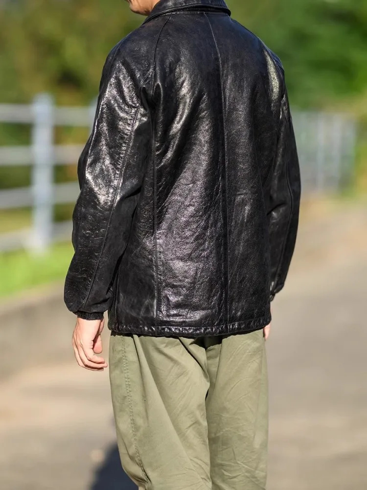 Vintage Mens Genuine Leather Jacket Single Breasted Straight Casual Outerwear Punk Motorcycle Coat Men Loose Fit Cowskin Jackets 240703