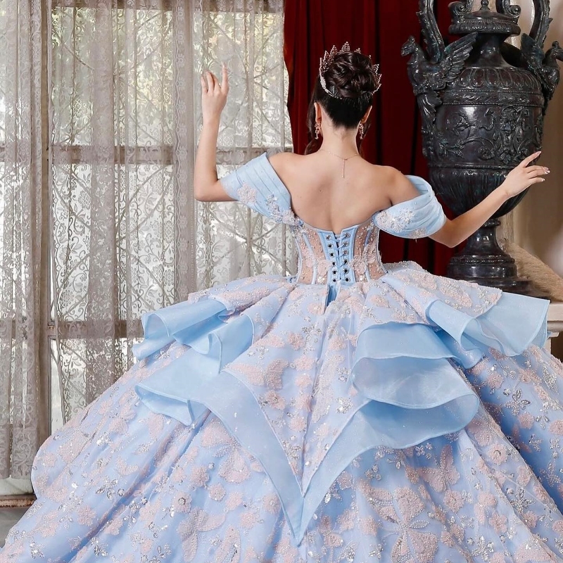 Princess Ball Gown Quinceanera Dresses 2024 Off Shoulder Appliques Bow Crystal Tull Vestido De 15 Anos 16th Prom Party