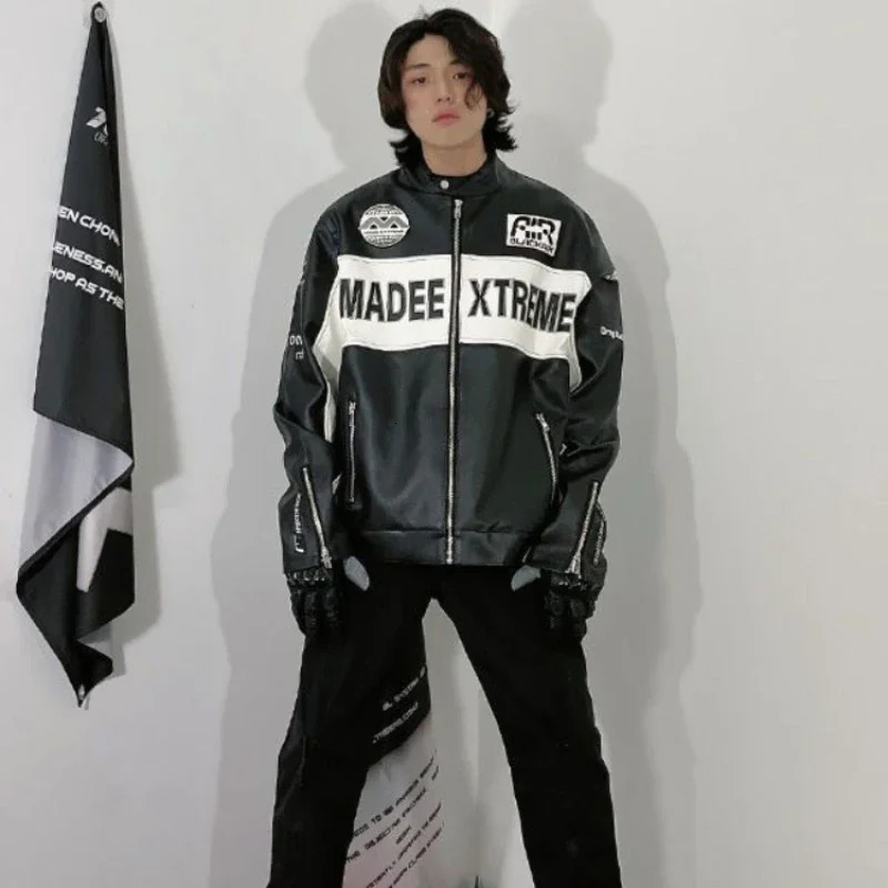 High Street Vintage Motorcycle Jacket Men Women Hip Hop Loose Patchwork Letter Print Racing Jackets Unisex PU Leather Coats 240704