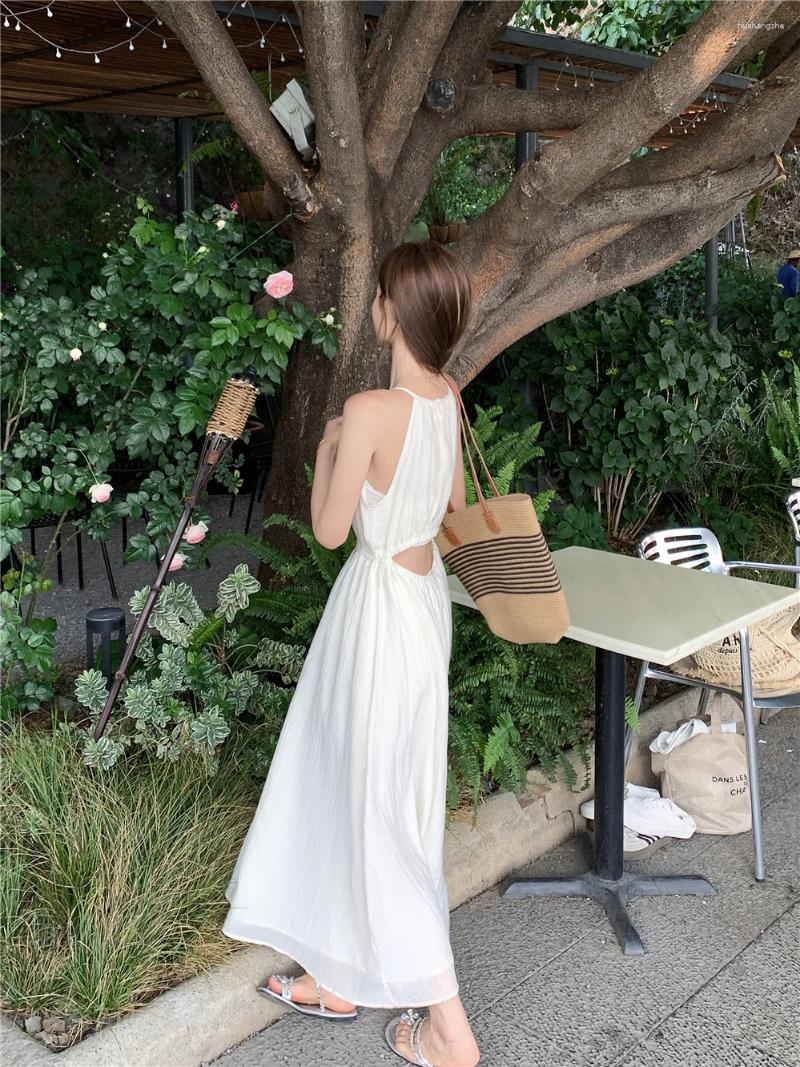 Casual Dresses 2024 Summer Fashion Sexy Halter Slip Off Shoulder Solid Color Evening Dress Elegant High Waist Women Clothing