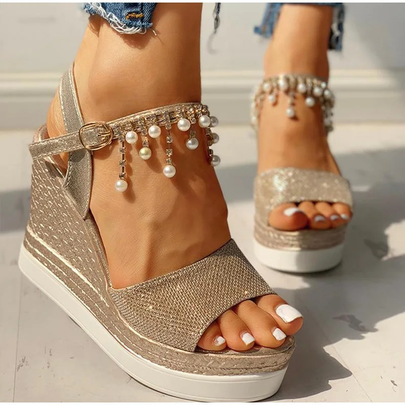 Women Wedge Sandals Summer Bead Studded Detail Platform Sandals Buckle Strap Peep Toe Thick Bottom Casual Shoes Ladies 240708