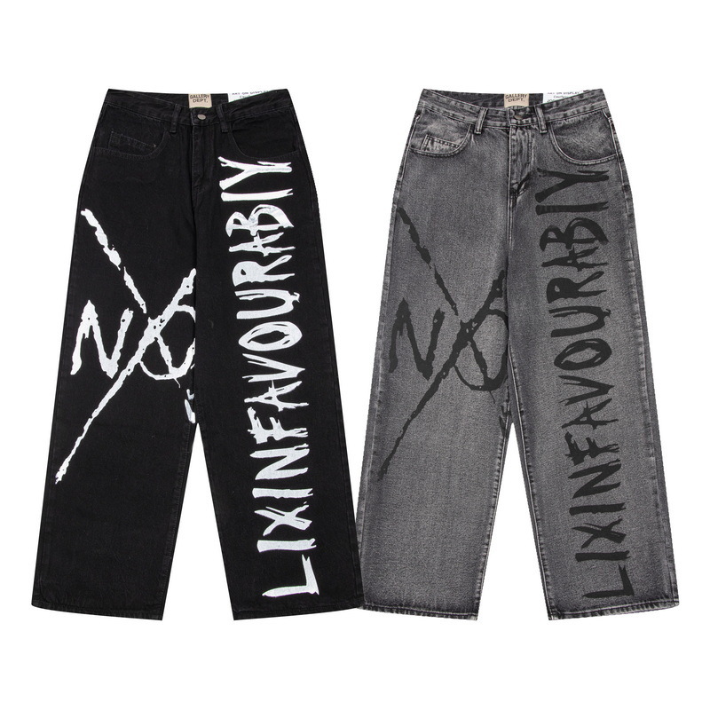 Mens Jeans Letter printing Harajuku punk loose wideleg Y2K high waist hiphop fashion straightleg pants jeans for mens