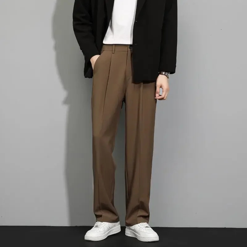 Slim Fit Trousers for Men Brown Cooling Tressed Man Suits Pants Ice Silk Korean Reviews Many Stylish Slacks Thin Casual Classic 240708