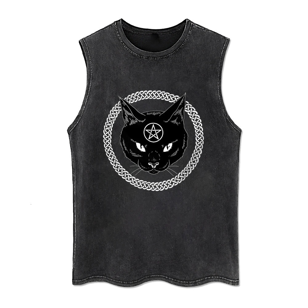 Heaven Letter Printed Tank Tops Animal Cat Tank Top Summer Washed Tshirt Vintage Sleeveless T-shirt Retro Y2k Tee for Man Woman 240703