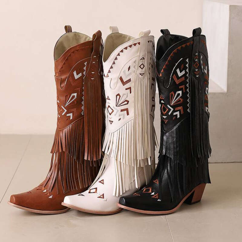 2024 European And American Fashion Thick Heel Tassel Sleeve Women's Western Embroidered Denim Knee Length Boots