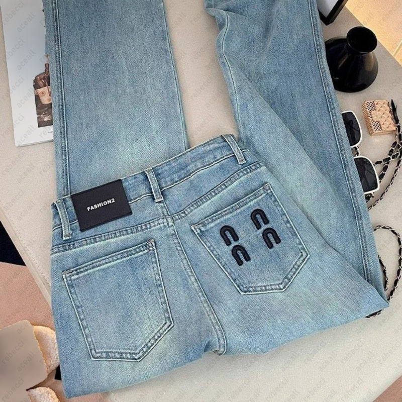 2024 New High Waist Jeans Slimming Narrow Edition Straight leg denim Womens Embroidered Letter Elastic Wide Leg Pants CSD2407102-12