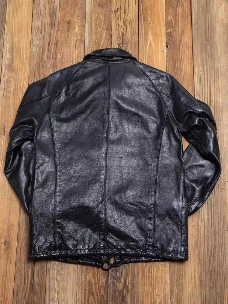 Vintage Mens Genuine Leather Jacket Single Breasted Straight Casual Outerwear Punk Motorcycle Coat Men Loose Fit Cowskin Jackets 240703