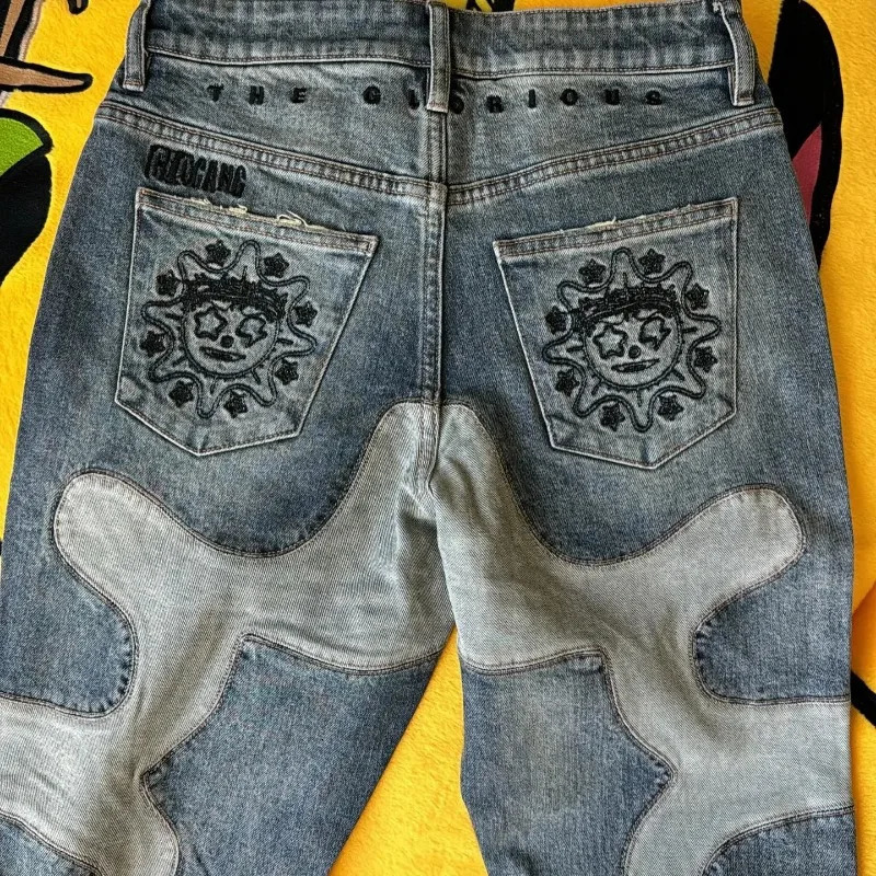 American Fashion High Street Patchwork Pattern Embroidered Jeans Men Y2K Punk Harajuku Straight Leg Jeans Denim Flare Pants 240708