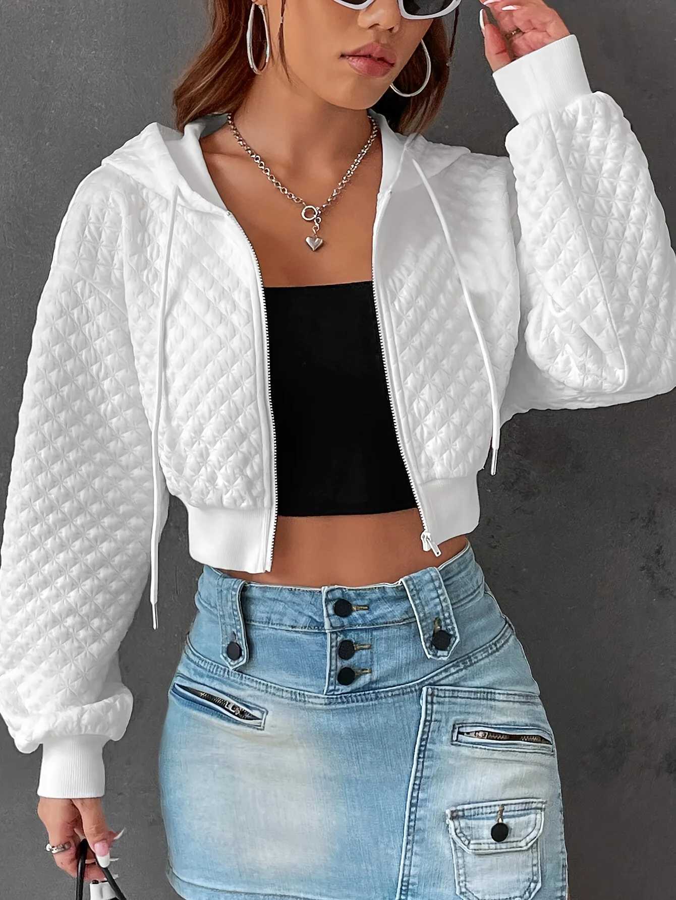 Women's Jackets Myvesto womens fashionable plaid zipper loose jacket casual long sleeved drawstring shoulder short hooded sweater jacket J240708