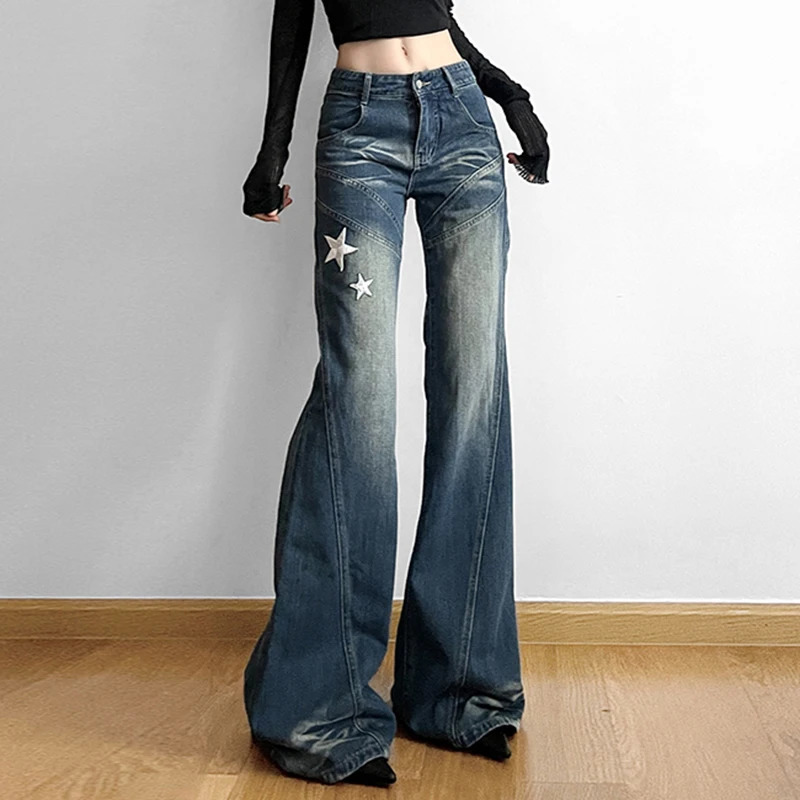 American Retro Womens Embroidered Star Street Y2K Jeans Wide Leg Loose Stripe All-match Mopping Pants Fashion Street Clothing 240626