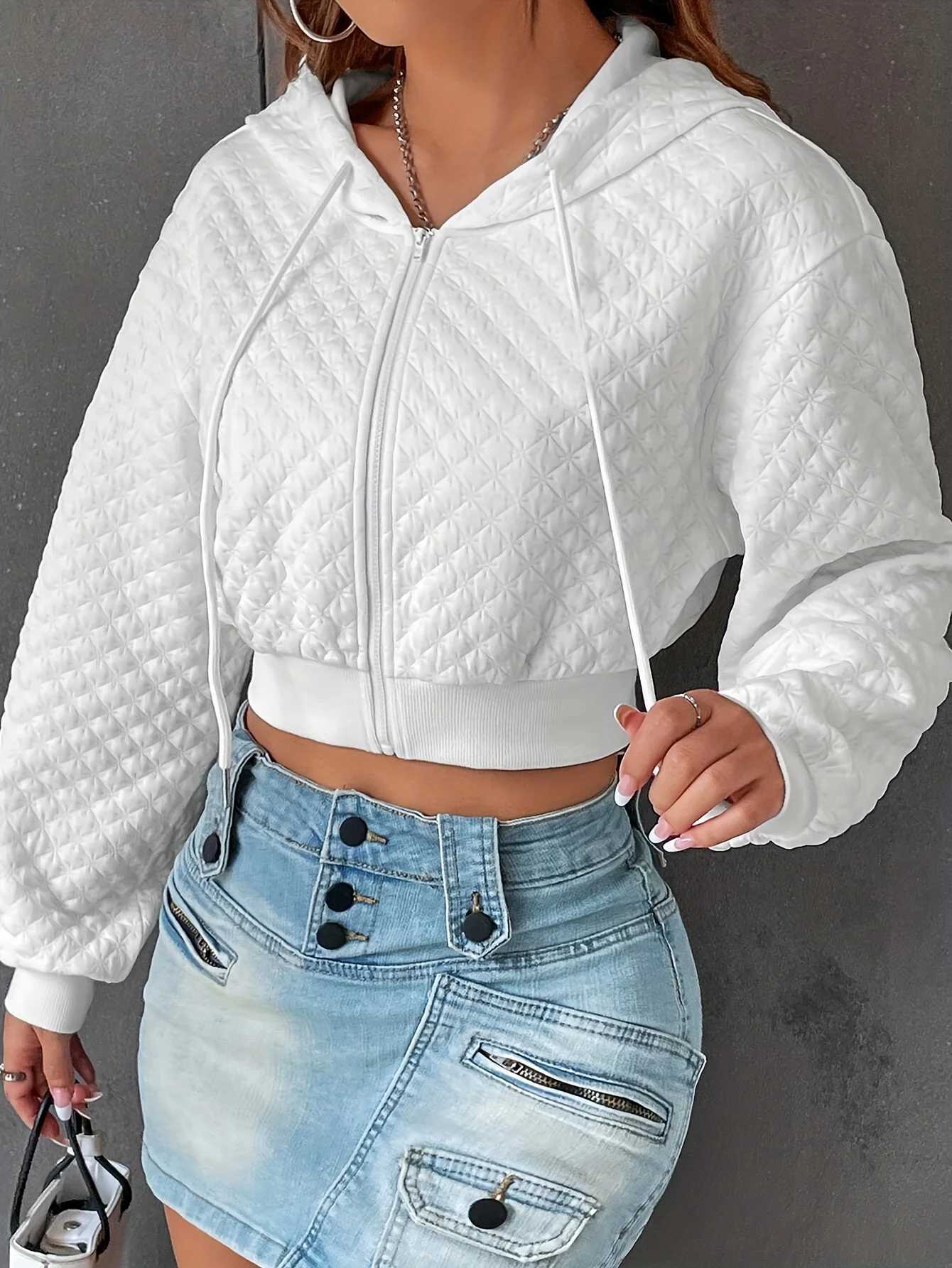Women's Jackets Myvesto womens fashionable plaid zipper loose jacket casual long sleeved drawstring shoulder short hooded sweater jacket J240708