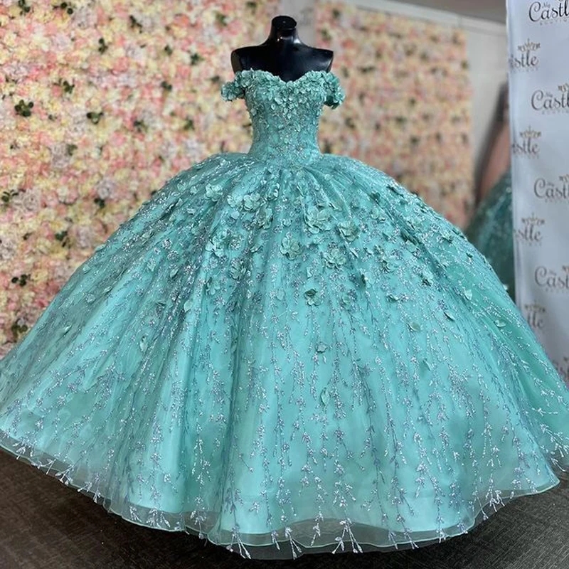 Aqua Blue Shiny Quinceanera Sweet 16 Dresses Lace Applique 3D Flower Off Shoulder Lace-up Prom Ball Gowns Vestido De 15 Anos