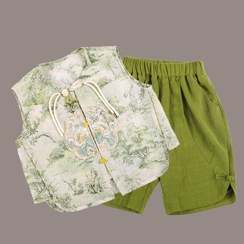 T-shirt children's Customized Summer New Product New Chinese Tang Dynasty Hanfu Short sleeved Shorts Two piece Casual Travel New Year Dress