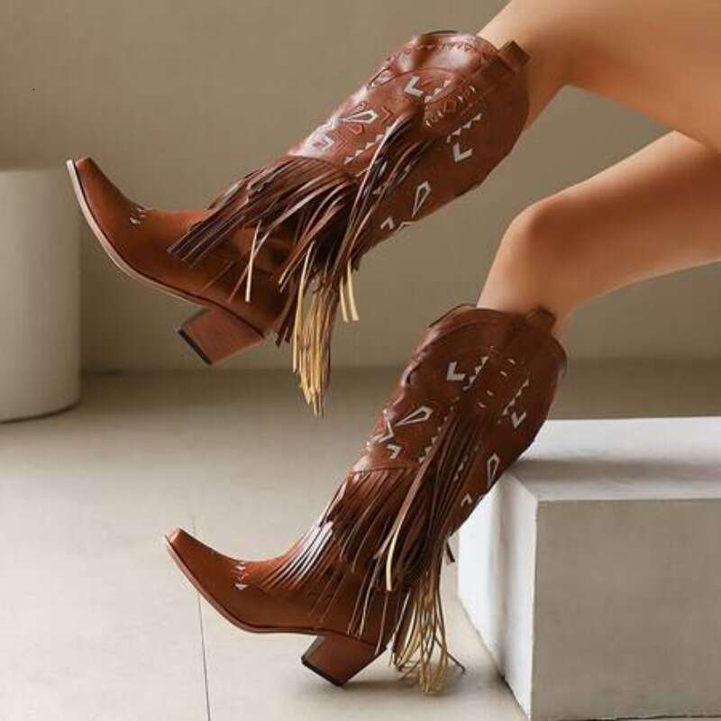 2024 European And American Fashion Thick Heel Tassel Sleeve Women's Western Embroidered Denim Knee Length Boots