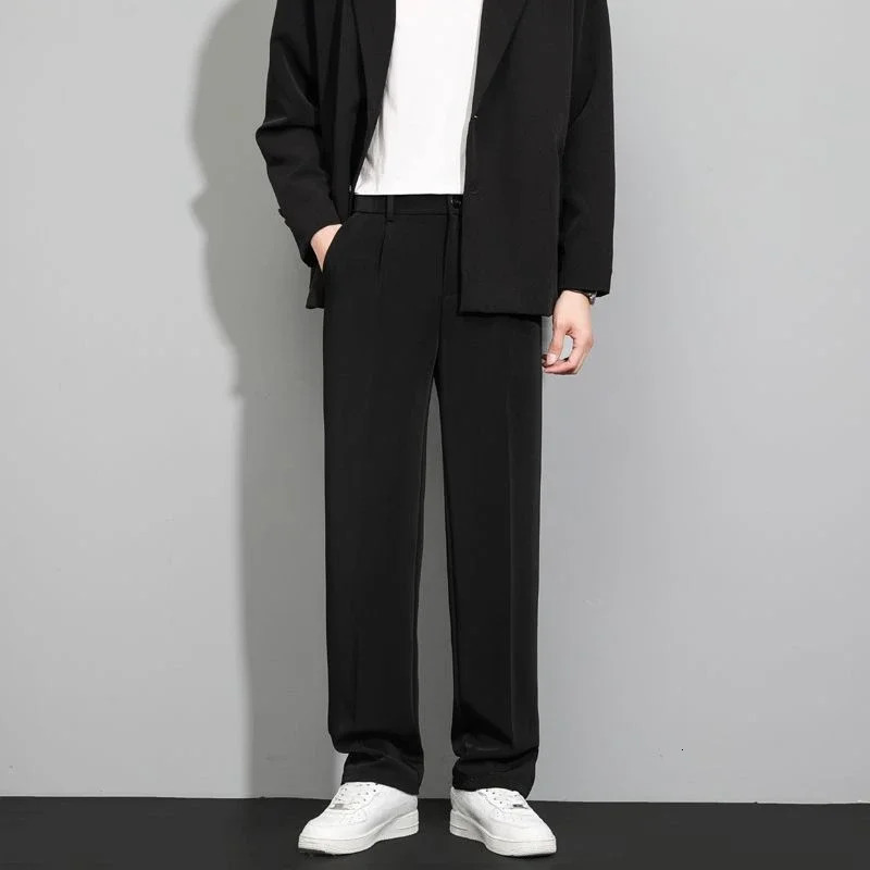 Slim Fit Trousers for Men Brown Cooling Tressed Man Suits Pants Ice Silk Korean Reviews Many Stylish Slacks Thin Casual Classic 240708