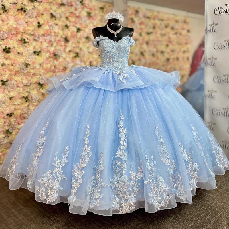 Sky Blue Vestidos De Anos Quinceanera Dresses Glitter Tulle Appliqued Lace Beading Sweet 16 Princess Birthday Party Gowns