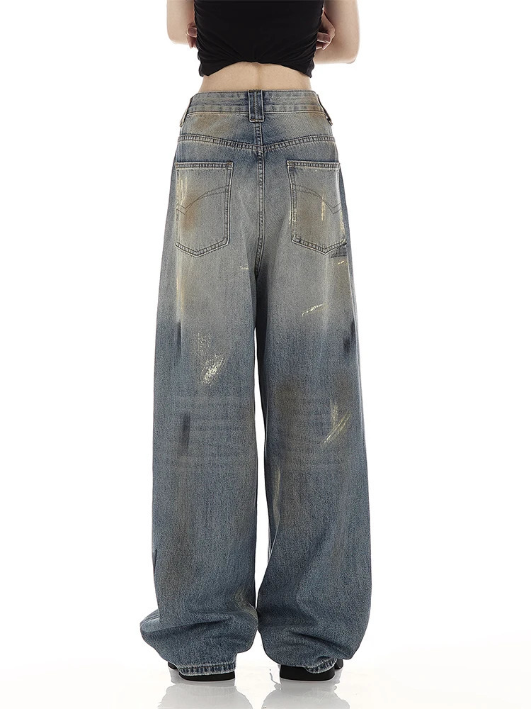 Womens Blue Jeans Harajuku Y2k Aesthetic Baggy Graffiti Denim Trousers Japanese 2000s Style Jean Pants Vintage Trashy Clothes 240626