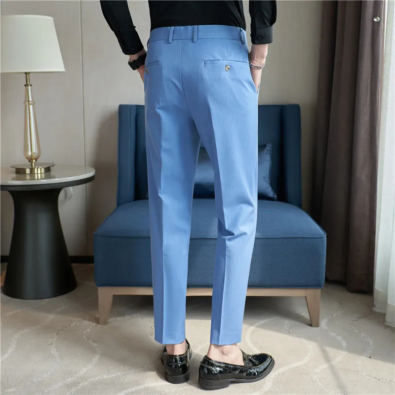 Autumn Men Blue Suit Pants Casual Elastic Slim Fit Formal Dress White Trousers Pantalon Homme Wedding Party Men Clothing 240708
