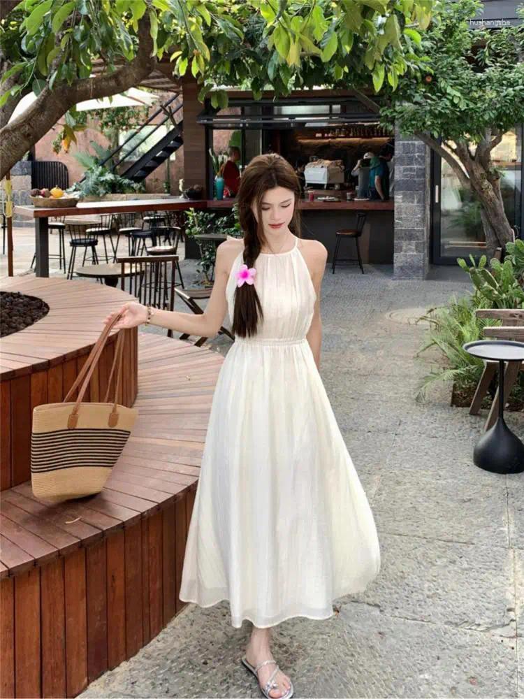 Casual Dresses 2024 Summer Fashion Sexy Halter Slip Off Shoulder Solid Color Evening Dress Elegant High Waist Women Clothing
